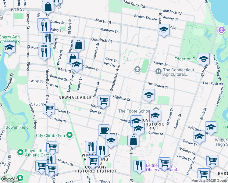 map of restaurants, bars, coffee shops, grocery stores, and more near 287 Highland Street in New Haven