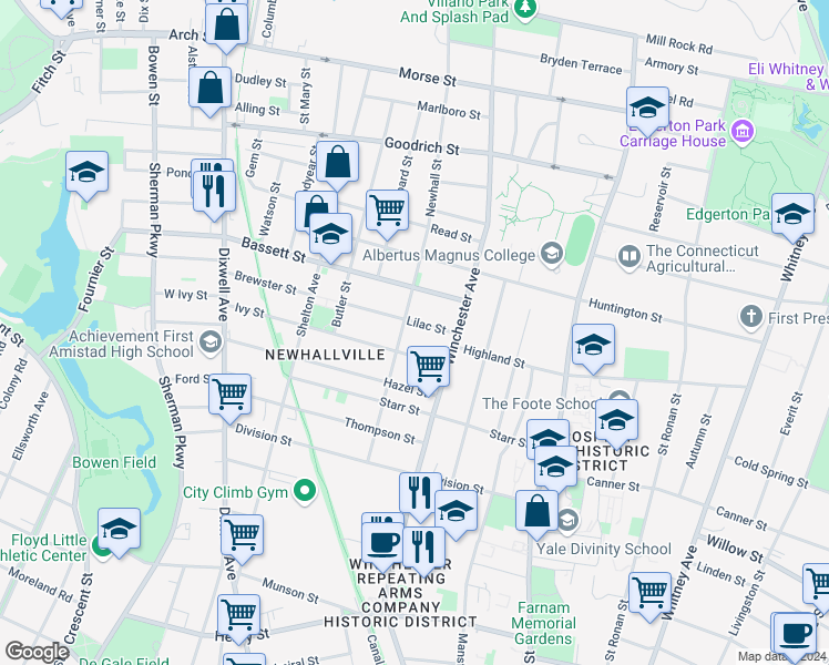 map of restaurants, bars, coffee shops, grocery stores, and more near 206 Newhall Street in New Haven