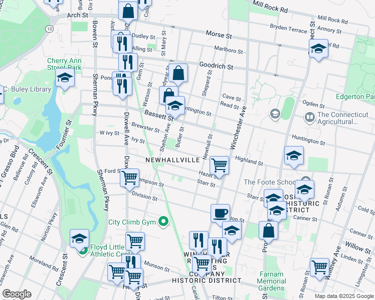 map of restaurants, bars, coffee shops, grocery stores, and more near 91 Ivy Street in New Haven