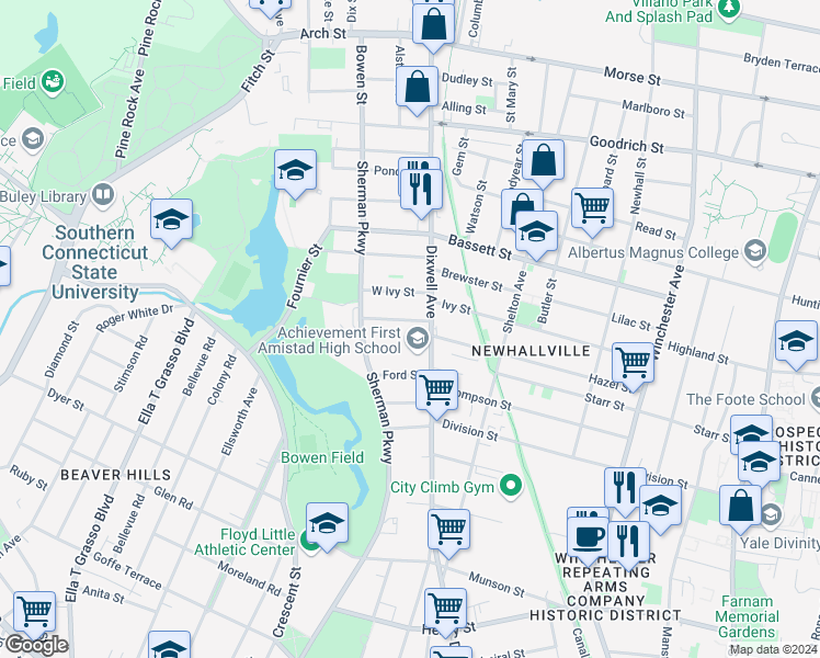 map of restaurants, bars, coffee shops, grocery stores, and more near 604 Dixwell Avenue in New Haven