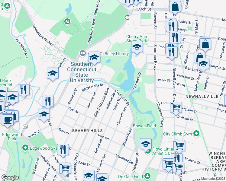 map of restaurants, bars, coffee shops, grocery stores, and more near 360 Crescent Street in New Haven