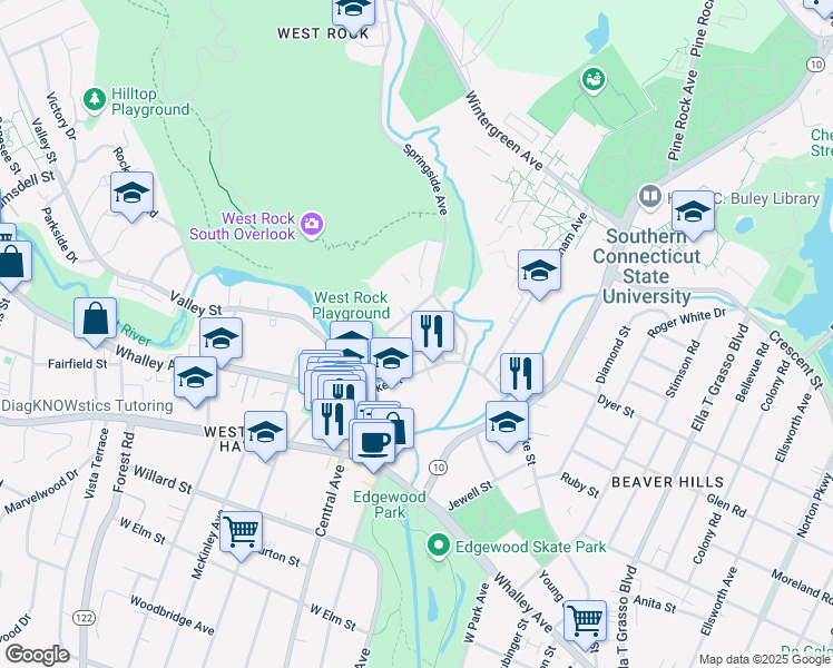 map of restaurants, bars, coffee shops, grocery stores, and more near 30 Austin Street in New Haven