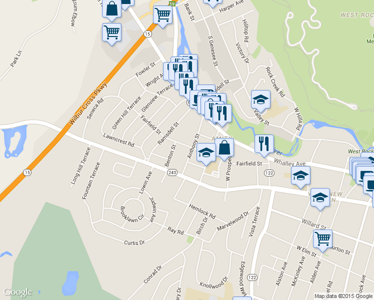 map of restaurants, bars, coffee shops, grocery stores, and more near 47 Anthony Street in New Haven