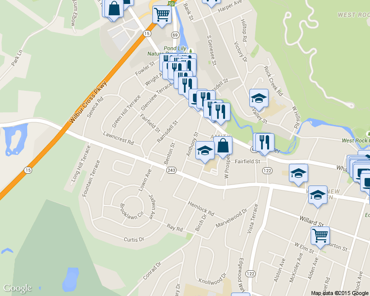 map of restaurants, bars, coffee shops, grocery stores, and more near 47 Anthony Street in New Haven