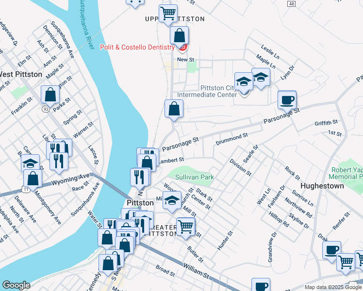 map of restaurants, bars, coffee shops, grocery stores, and more near 45 Parsonage Street in Pittston