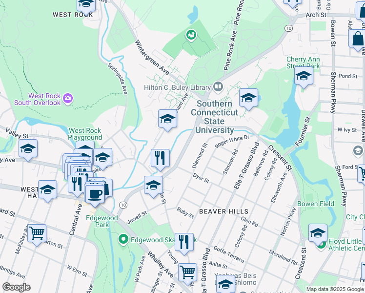 map of restaurants, bars, coffee shops, grocery stores, and more near 244 Fitch Street in New Haven