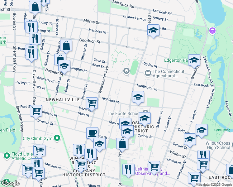 map of restaurants, bars, coffee shops, grocery stores, and more near 110 Sheldon Terrace in New Haven