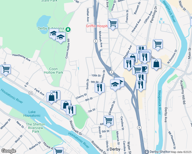 map of restaurants, bars, coffee shops, grocery stores, and more near 24 10th Street in Derby