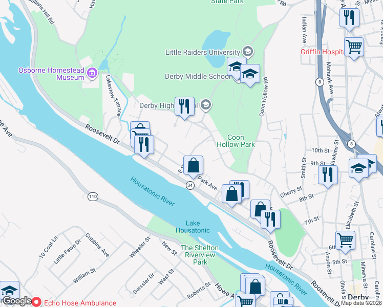map of restaurants, bars, coffee shops, grocery stores, and more near E Street in Derby