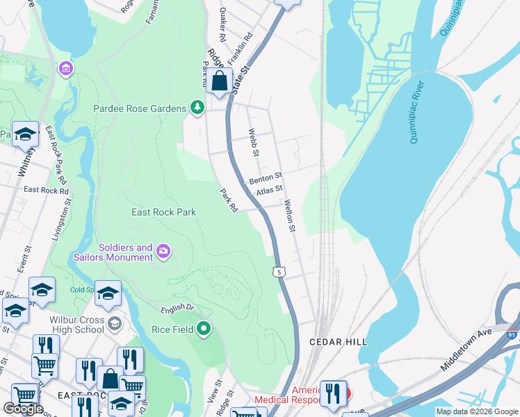 map of restaurants, bars, coffee shops, grocery stores, and more near State Street & Park Road in Hamden