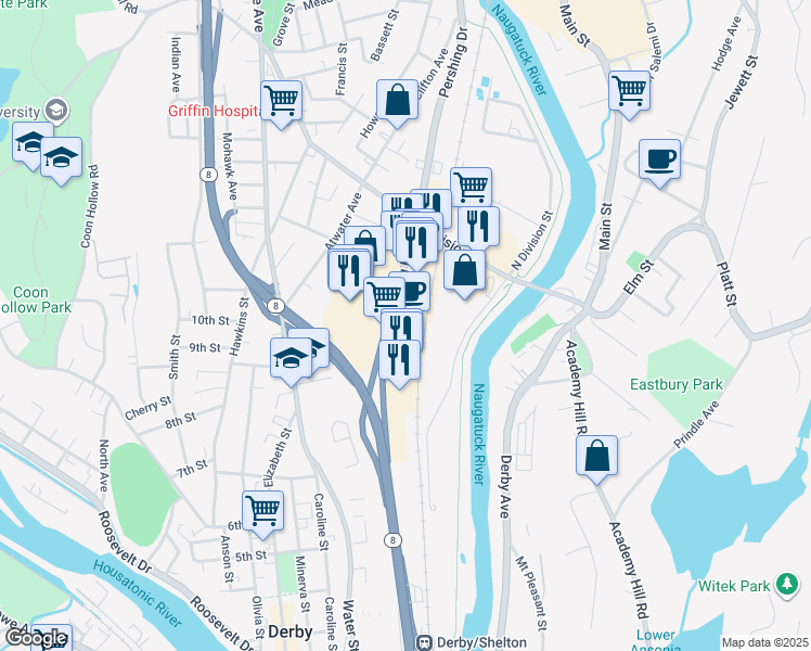 map of restaurants, bars, coffee shops, grocery stores, and more near 60 Pershing Drive in Ansonia