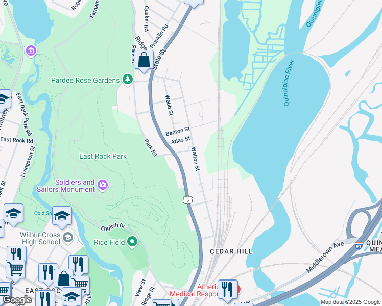 map of restaurants, bars, coffee shops, grocery stores, and more near 39 Armstrong Street in Hamden