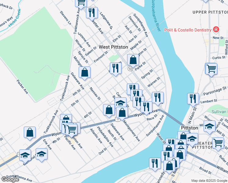 map of restaurants, bars, coffee shops, grocery stores, and more near 323 Carpenter Street in Luzerne County