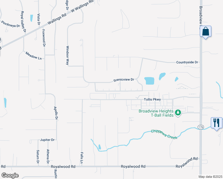 map of restaurants, bars, coffee shops, grocery stores, and more near 8647 Scenicview Drive in Broadview Heights