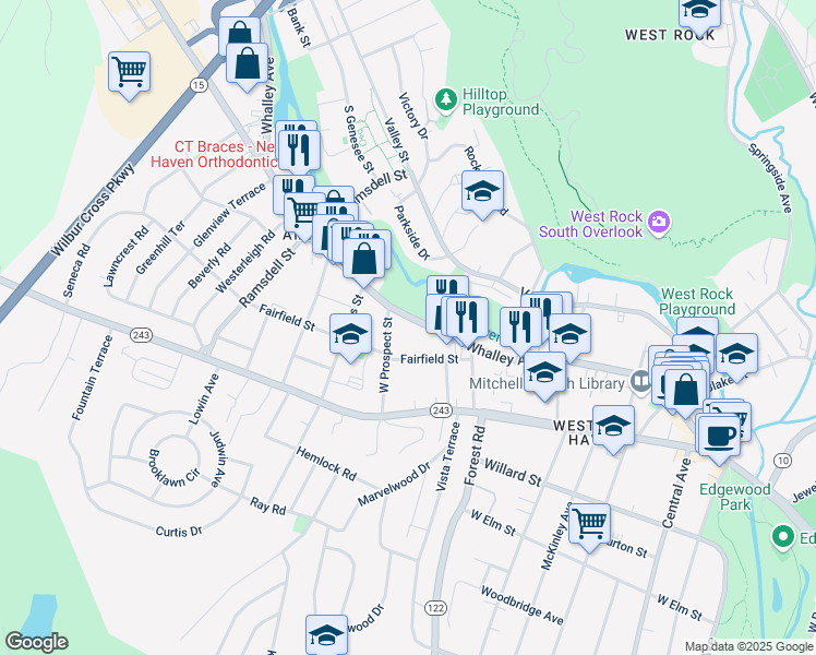 map of restaurants, bars, coffee shops, grocery stores, and more near 1206 Whalley Avenue in New Haven
