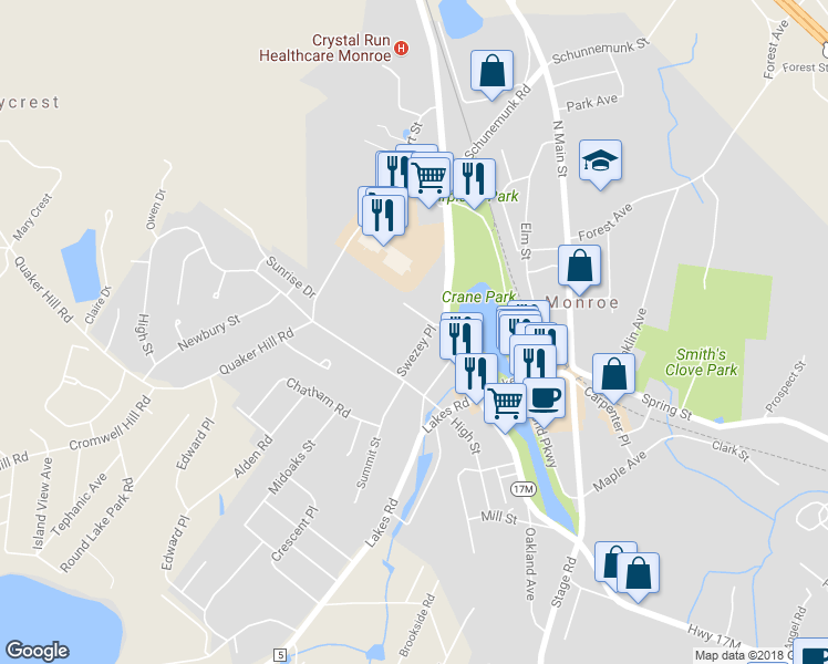 map of restaurants, bars, coffee shops, grocery stores, and more near 33 Swezey Place in Monroe