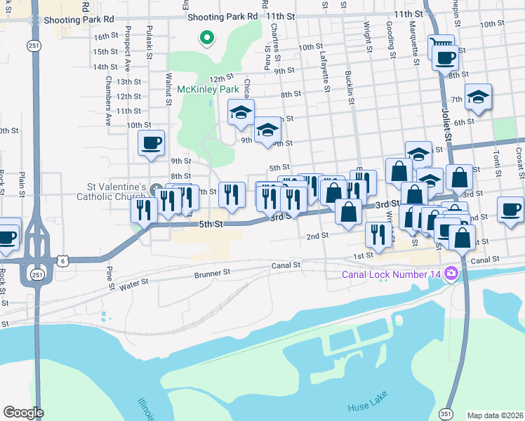 map of restaurants, bars, coffee shops, grocery stores, and more near 3 3rd Street in LaSalle