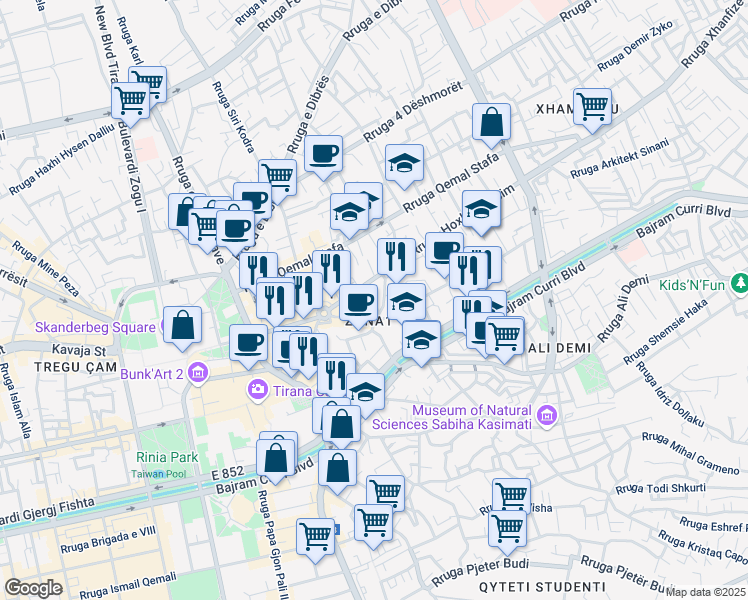 map of restaurants, bars, coffee shops, grocery stores, and more near Rruga Ali Ndroqi in Tirana