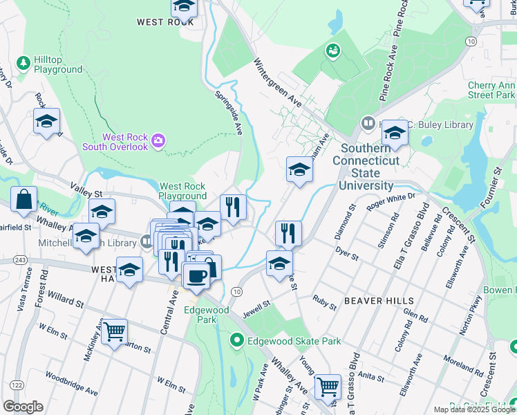 map of restaurants, bars, coffee shops, grocery stores, and more near in New Haven