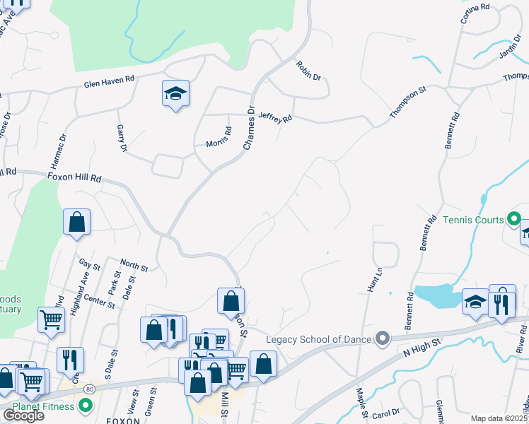map of restaurants, bars, coffee shops, grocery stores, and more near 266 Thompson Street in East Haven
