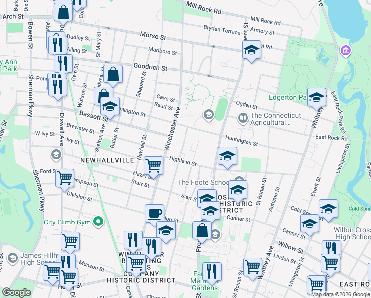 map of restaurants, bars, coffee shops, grocery stores, and more near 104 Sheldon Terrace in New Haven