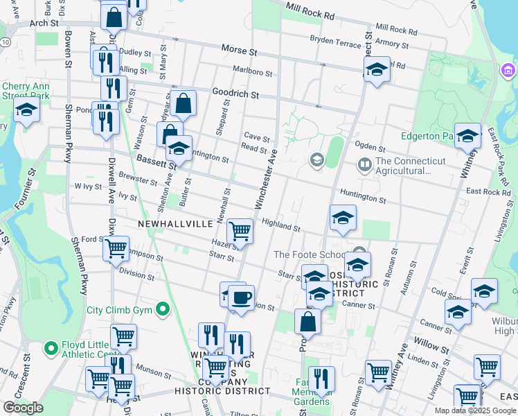 map of restaurants, bars, coffee shops, grocery stores, and more near 287 Highland Street in New Haven