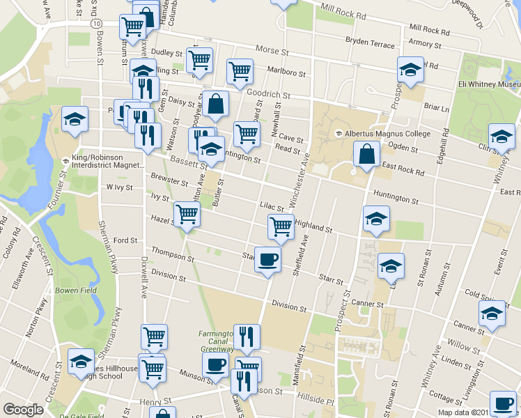 map of restaurants, bars, coffee shops, grocery stores, and more near 206 Newhall Street in New Haven