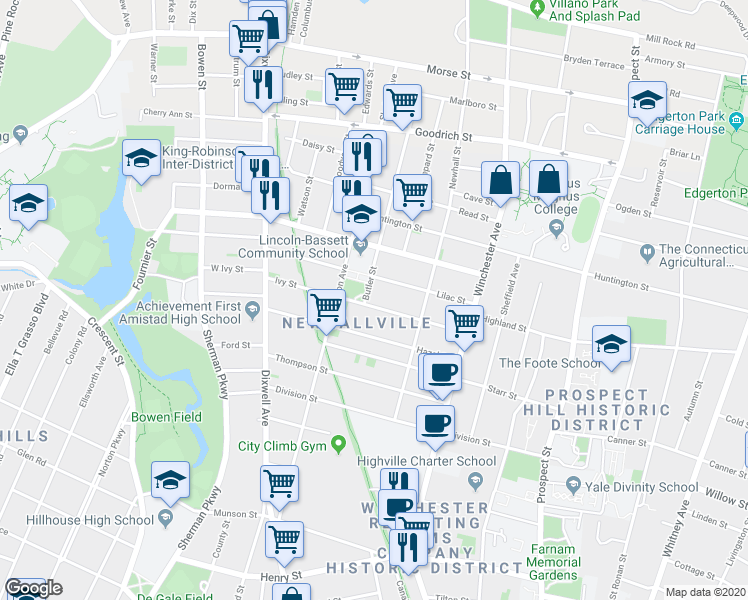 map of restaurants, bars, coffee shops, grocery stores, and more near 91 Ivy Street in New Haven