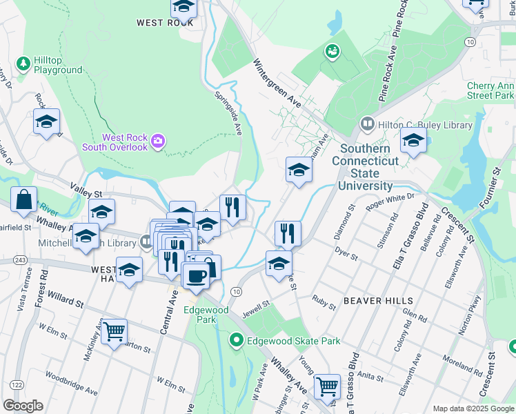 map of restaurants, bars, coffee shops, grocery stores, and more near in New Haven