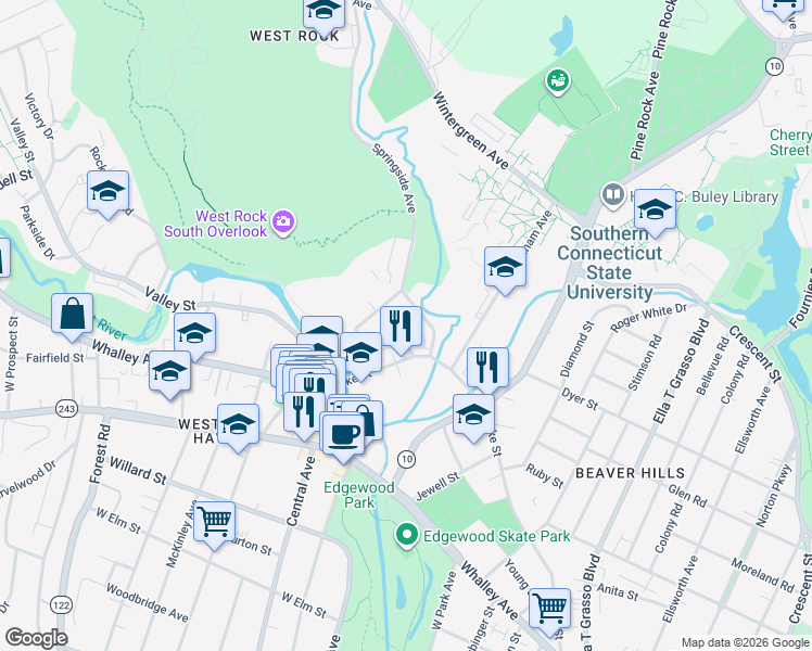 map of restaurants, bars, coffee shops, grocery stores, and more near 25 Austin Street in New Haven