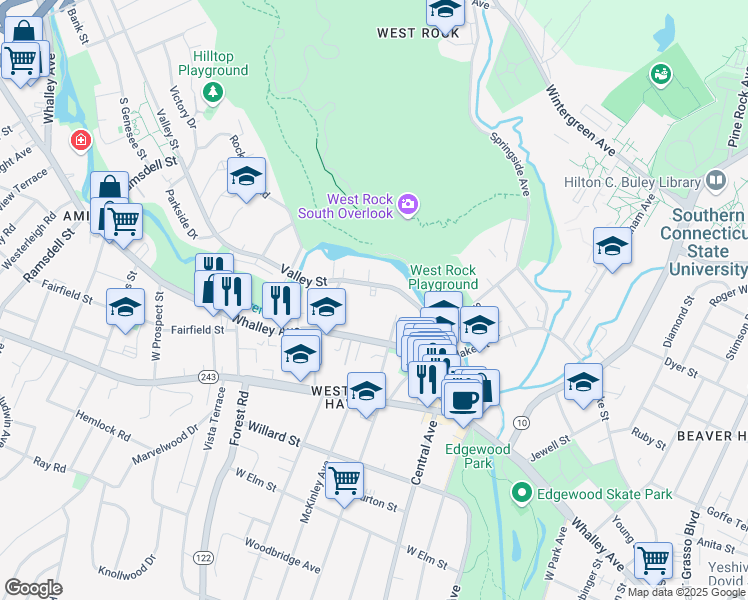 map of restaurants, bars, coffee shops, grocery stores, and more near 1003 Whalley Avenue in New Haven