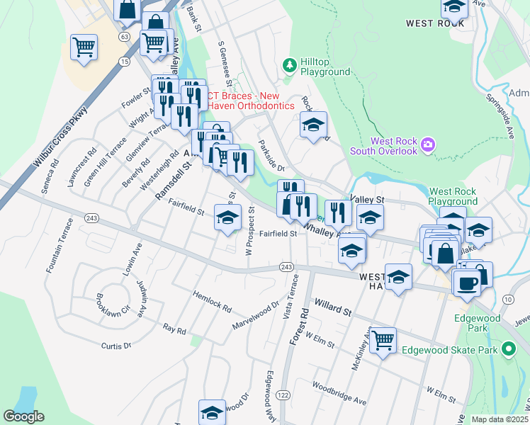 map of restaurants, bars, coffee shops, grocery stores, and more near 1206 Whalley Avenue in New Haven