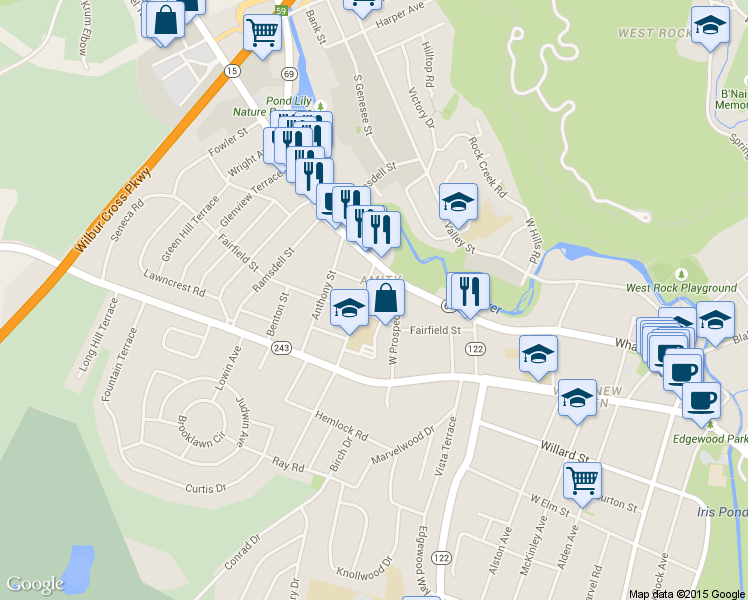 map of restaurants, bars, coffee shops, grocery stores, and more near 73 Davis Street in New Haven