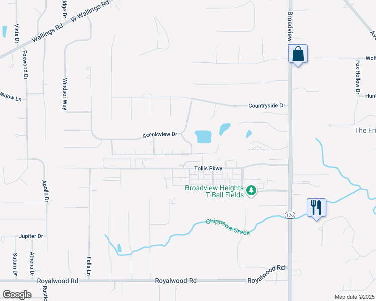 map of restaurants, bars, coffee shops, grocery stores, and more near 8607 Scenicview Drive in Broadview Heights