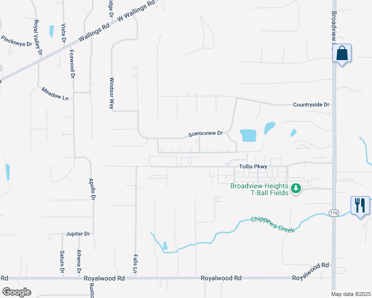 map of restaurants, bars, coffee shops, grocery stores, and more near 8647 Scenicview Drive in Broadview Heights