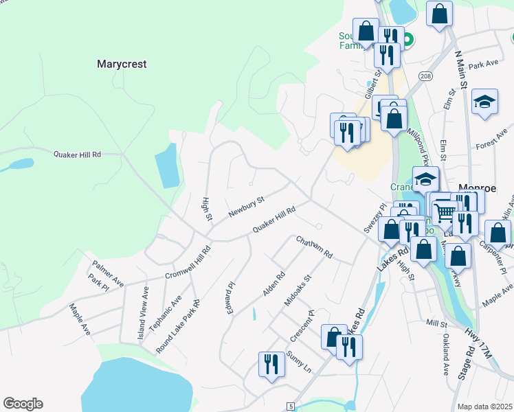 map of restaurants, bars, coffee shops, grocery stores, and more near 15 Newbury Street in Monroe