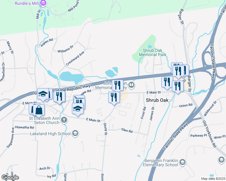 map of restaurants, bars, coffee shops, grocery stores, and more near 1161 New Road in Shrub Oak