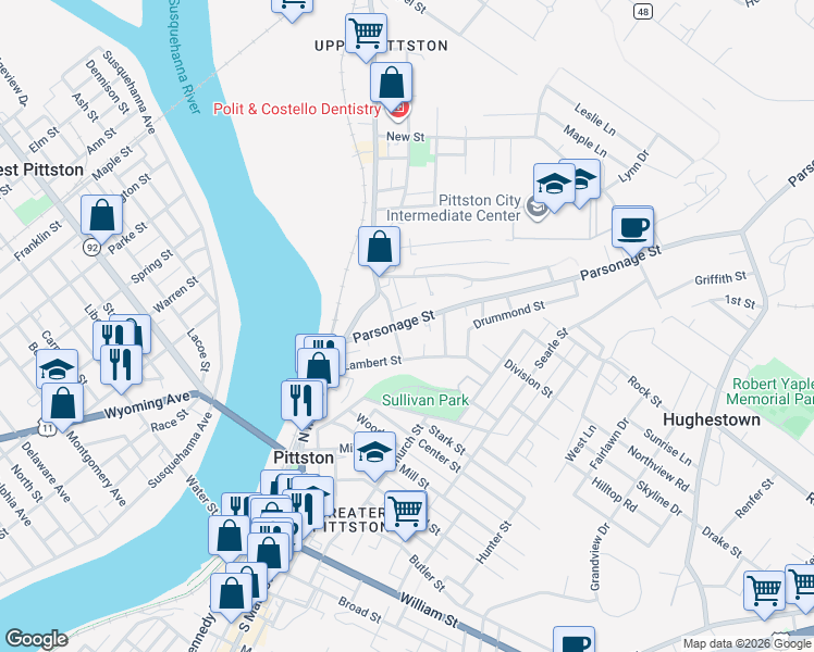 map of restaurants, bars, coffee shops, grocery stores, and more near 45 Parsonage Street in Pittston