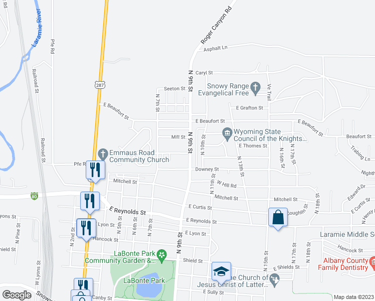map of restaurants, bars, coffee shops, grocery stores, and more near 825b East Renshaw Street in Laramie