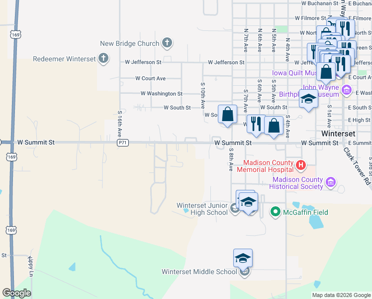 map of restaurants, bars, coffee shops, grocery stores, and more near 1144 West Summit Street in Winterset