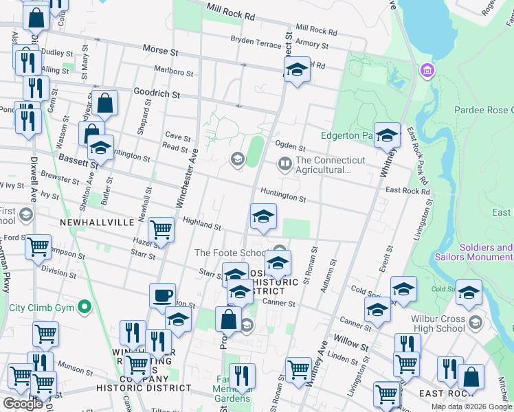 map of restaurants, bars, coffee shops, grocery stores, and more near 661 Prospect Street in New Haven