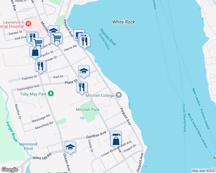 map of restaurants, bars, coffee shops, grocery stores, and more near Pequot Avenue & Granada Terrace in New London