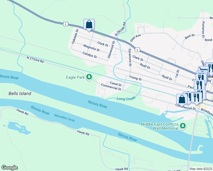map of restaurants, bars, coffee shops, grocery stores, and more near Commercial Street in Marseilles