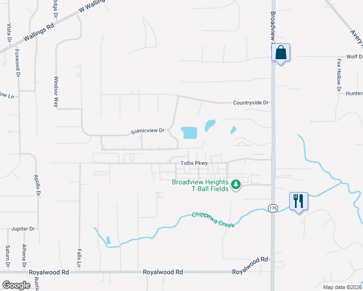 map of restaurants, bars, coffee shops, grocery stores, and more near 8605 Scenicview Drive in Broadview Heights