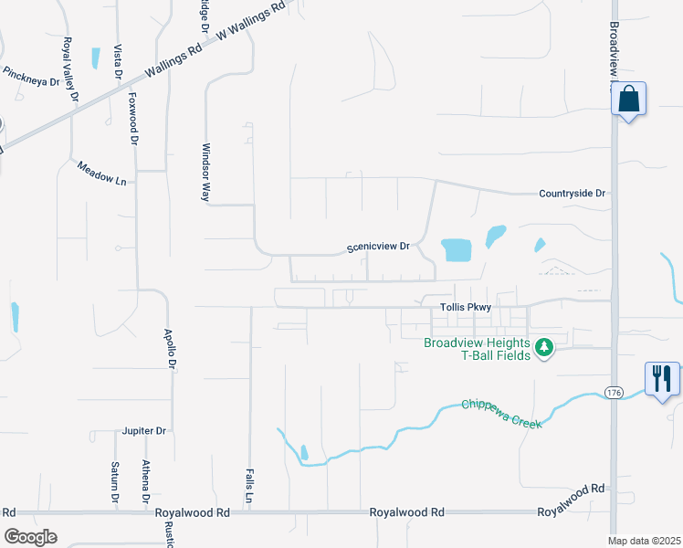 map of restaurants, bars, coffee shops, grocery stores, and more near 8647 Scenicview Drive in Broadview Heights