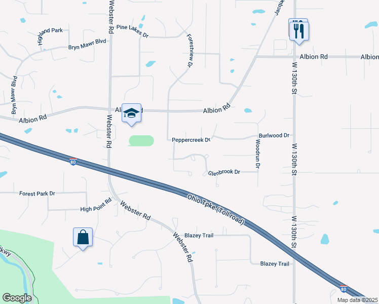 map of restaurants, bars, coffee shops, grocery stores, and more near 14145 Pinebrook Oval in Strongsville