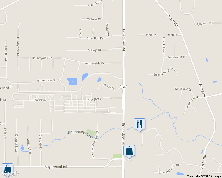 map of restaurants, bars, coffee shops, grocery stores, and more near 151 Vineyard Drive in Broadview Heights