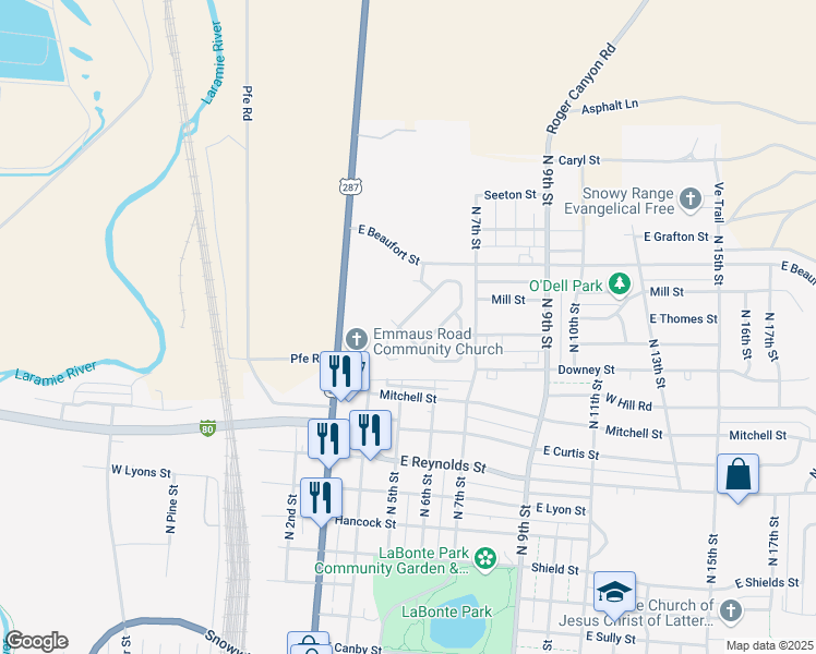 map of restaurants, bars, coffee shops, grocery stores, and more near 530 Beaufort Street in Laramie