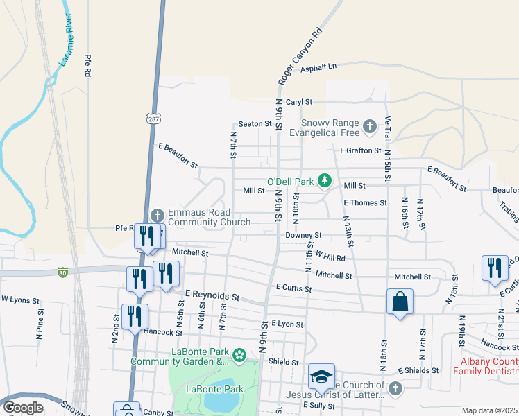 map of restaurants, bars, coffee shops, grocery stores, and more near 809 East Renshaw Street in Laramie