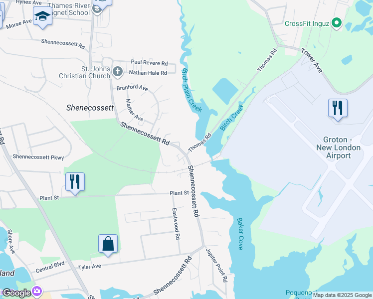 map of restaurants, bars, coffee shops, grocery stores, and more near 608 Shennecossett Road in Groton